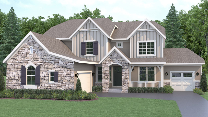 Rendering of Ash Brook floor plan -shows exterior of home from the front. 2 stories